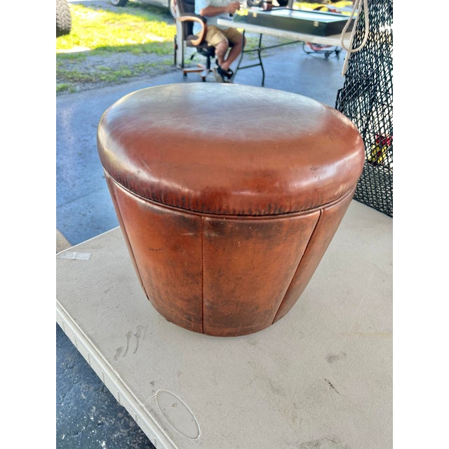 Mid 20th Century Brown Leather Drum Shape Low Stool or Foot Rest For Sale - Image 4 of 6