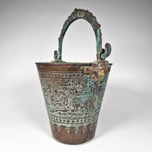 Antique Copper Bucket Lion Mounts Indian Kashmir Mughal Warrior Horses Verdigris For Sale - Image 4 of 9