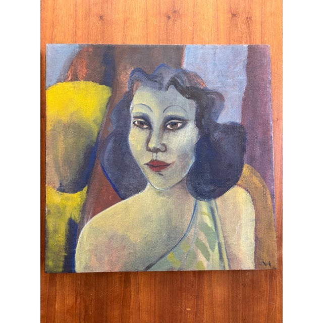 Mid-Century Modern Mid 20th Century Pair of Modern Figurative Portrait Paintings, Signed George King, 20in Square For Sale - Image 3 of 8