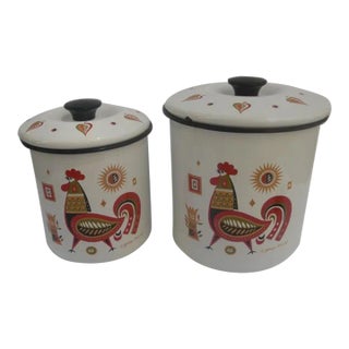 Mid 20th Century Lidded Enamelware Rooster Containers by George Briard - Set of 2 For Sale