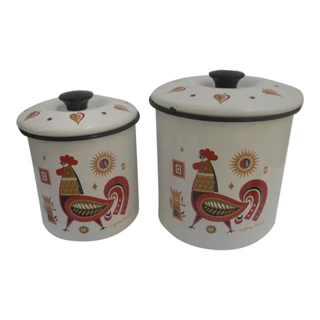 Mid 20th Century Lidded Enamelware Rooster Containers by George Briard - Set of 2 For Sale