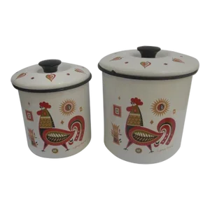 Mid 20th Century Lidded Enamelware Rooster Containers by George Briard - Set of 2