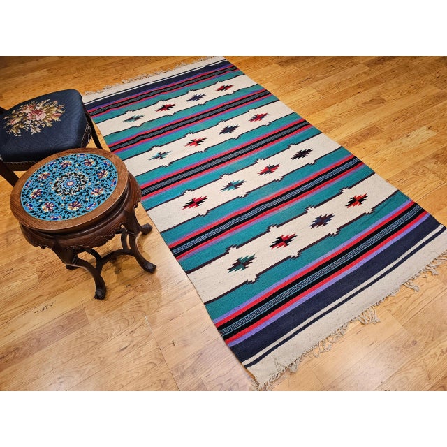 Vintage American Southwestern Kilim, Handwoven Wool, Stripe Pattern, Ivory & Green, 4’ X 8’ For Sale - Image 4 of 12