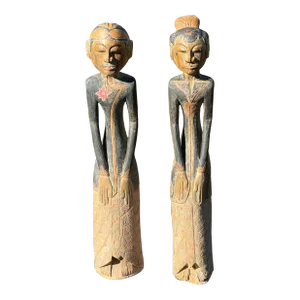 Javanese Male and Female Full Figure Carved Wood Statues a Pair