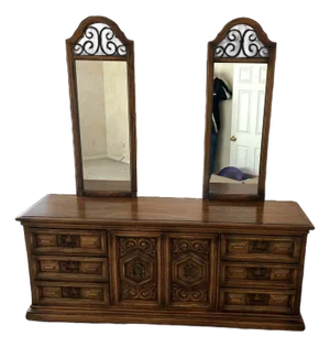 Spanish Revival Vintage Carved Solid Oak Triple Dresser With Mirrors Crafted in North Carolina by United Furniture