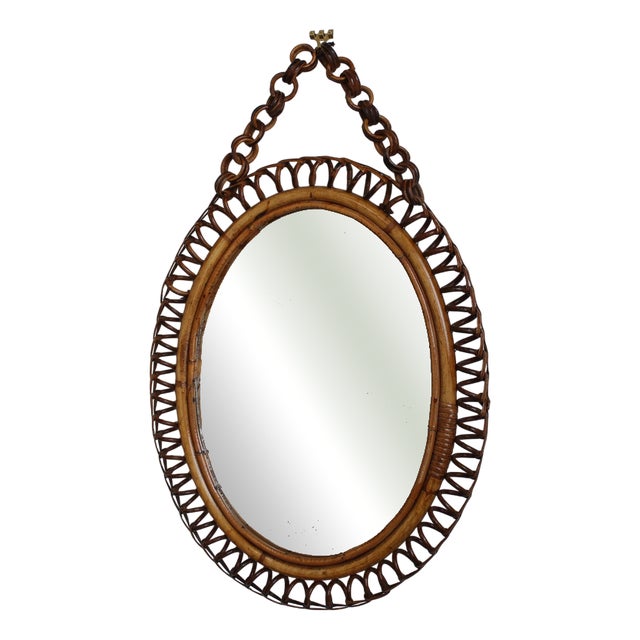 Vintage Italian Rattan Wall Mirror with Hanging Chain, 1960s For Sale
