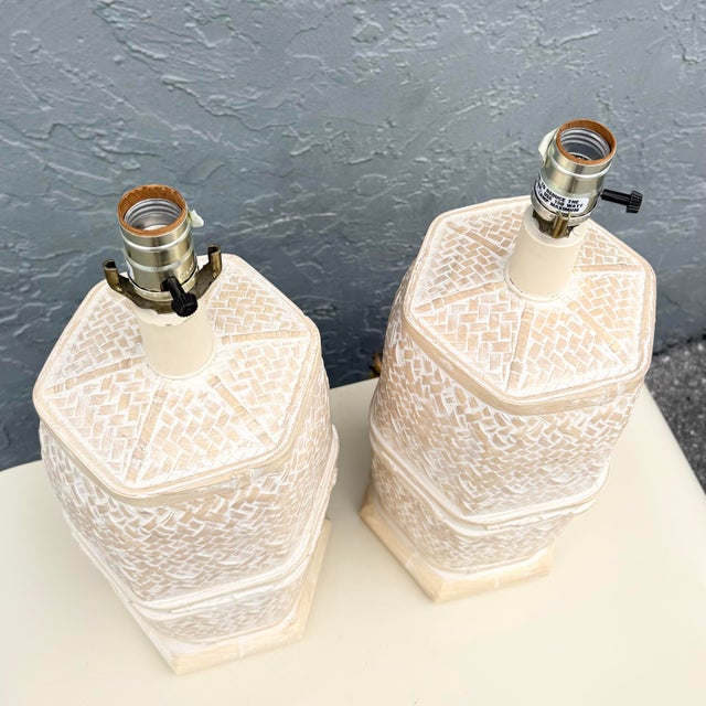 Ceramic Vintage Boho Chic Ceramic Faux Bamboo and Wicker Table Lamps - A Pair For Sale - Image 7 of 7