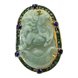 Bochic “Orient” Vintage Jade, Sapphire, Emerald Cocktail Ring Set in 18k Gold & Silver Size 9 For Sale