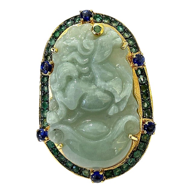 Bochic “Orient” Vintage Jade, Sapphire, Emerald Cocktail Ring Set in 18k Gold & Silver Size 9 For Sale