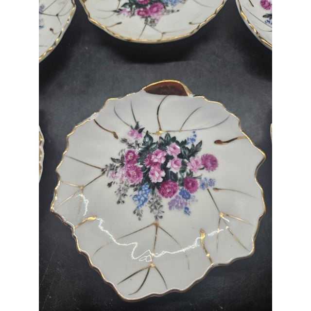 Vintage NASCO, Made In Japan 6” Gilded Leaf Shaped Vanity Trinket/Plates (Set of Six) w/Floral Pattern