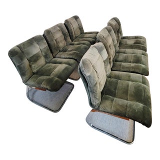 1970s Suede and Chrome Cantilever Dining Chairs in Moss Green Attributed to Roche Bobois-Set of 6 For Sale