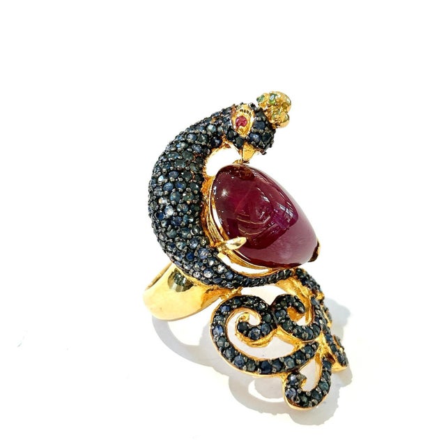 Bochic "Orient" Ruby & Sapphire Swan Cocktail Ring Set 18K & Silver For Sale - Image 12 of 18