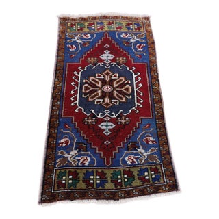 1990s Turkish Blue Medallion Yastik Rug For Sale