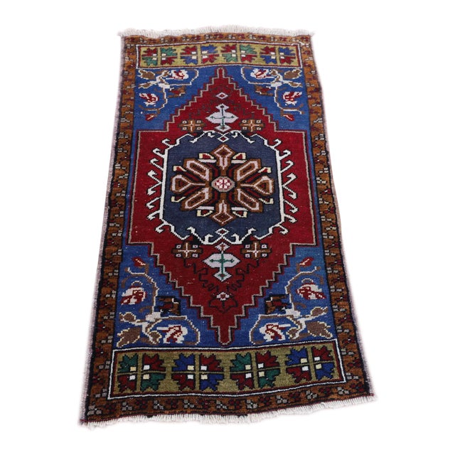 1990s Turkish Blue Medallion Yastik Rug For Sale