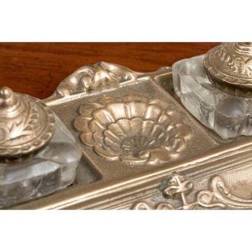 Metal Vintage Rococò Style Brass and Crystal Double Inkwells and Stand For Sale - Image 7 of 10