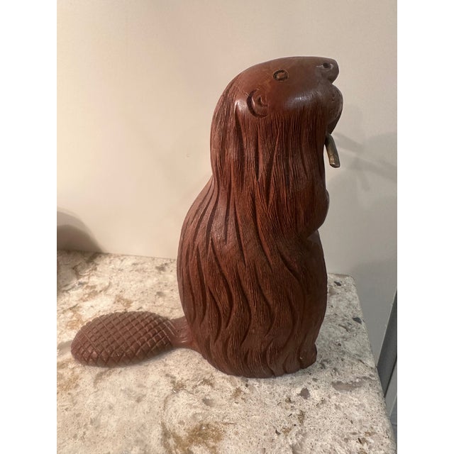 Sarreid Ltd. 1970's Sarreid Ltd. Spanish Carved Wooden 8.5" H Beaver With Brass Twig For Sale - Image 4 of 5