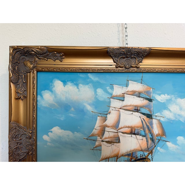 Sailing Ship Oil Painting Seascape Nautical Wall Art Framed Ocean Artwork For Sale - Image 4 of 9