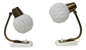 Bedside Lamps in Patinated Brass and White Glass, Set of 2