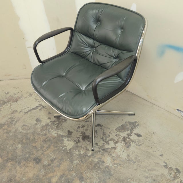 Iconic Early Charles Pollock Executive Armchairs a Pair Solid Aluminum Base Green Leather For Sale - Image 11 of 14
