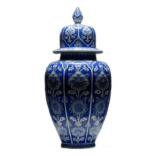 Handmade Ceramic Lidded Jar (30cm) The Shah Vase Cobalt Blue Ground and White Floral Panels For Sale
