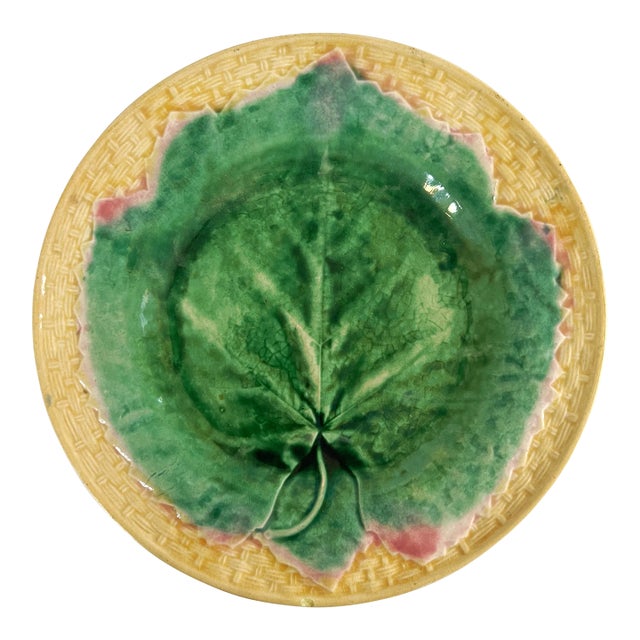 Antique 19th C Majolica Griffin, Smith & Hill Etruscan Plate With Vine Leaf on Basketweave For Sale