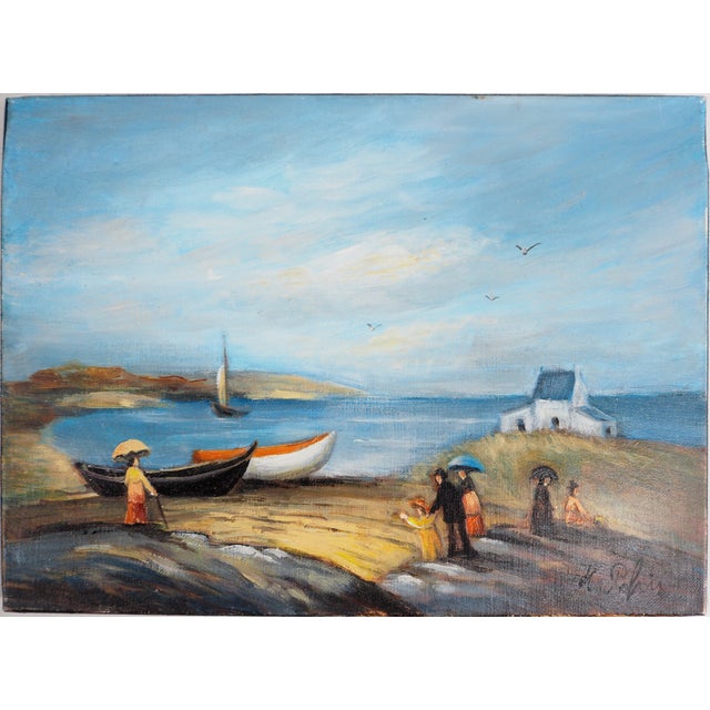 Michel Pabois, Two Breton Boats at the Water's Edge, Original Oil on Canvas For Sale