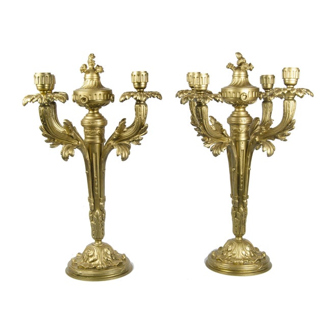 French Pair of Late 19th Century Neoclassical Gilt Bronze/Ormolu 4-Arms Candelabras, France For Sale - Image 3 of 9