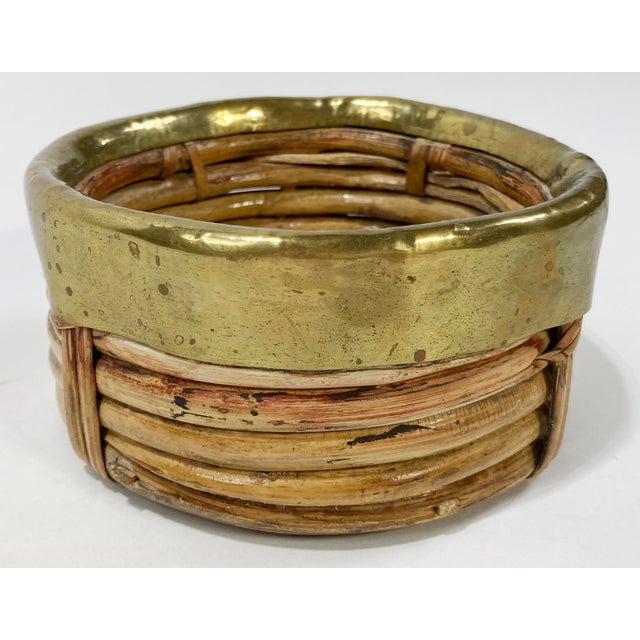 Gabriella Crespi Vintage Gabriella Crespi Style Coiled Rattan Brass Rim Wine Coaster For Sale - Image 4 of 7