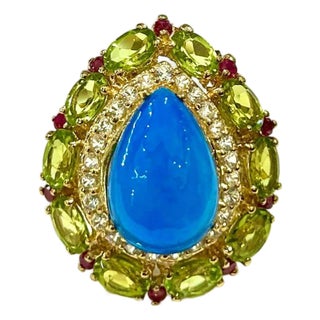 Bochic “Capri” Vintage Blue Opal, Peridot & White Topaz Ring - 18K Gold & Silver For Sale