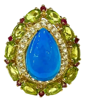 Bochic “Capri” Vintage Blue Opal, Peridot & White Topaz Ring - 18K Gold & Silver