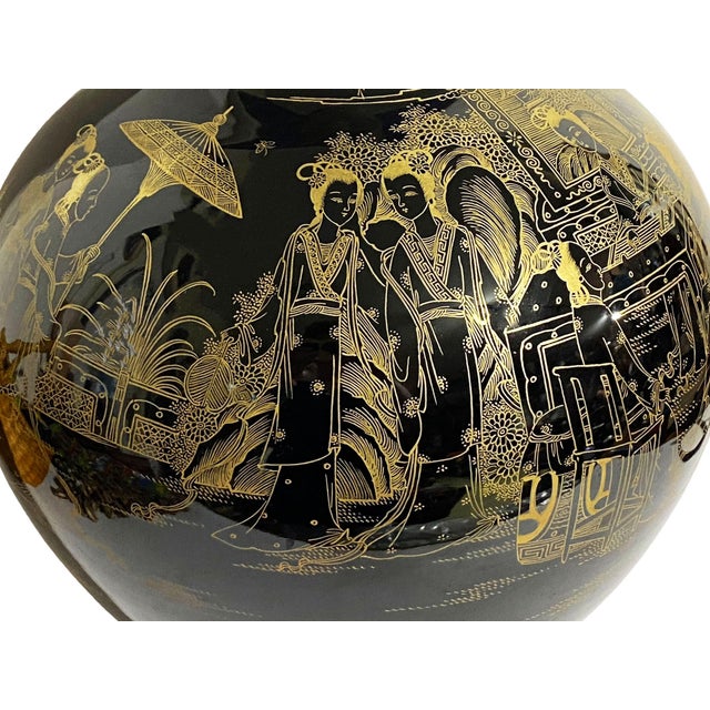 Vintage Large Chinoiserie Onion Shape Famille Noire Vase 19.25" H For Sale - Image 10 of 12