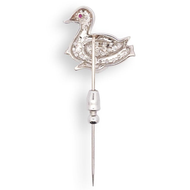 Art Deco Platinum Duck Stick Pin Diamond Accents and Ruby Eye Early 20th Century For Sale - Image 4 of 6