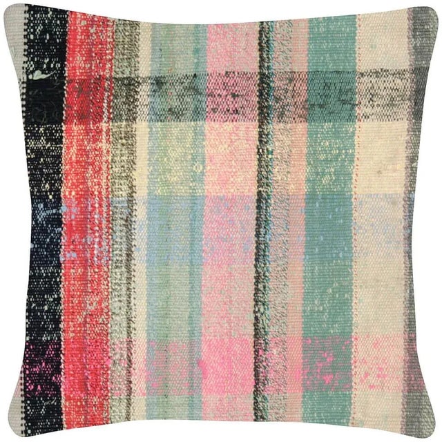 Vintage Turkish Rag Pillow. Sewn with fragments of vintage hand made Anatolian Hemp and Cotton Kilims. Fiber fill. 500432