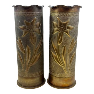 Artistic Pair of World War I Brass Trench Art Vases Decorated With a Lily Floral Motif - Dated November 1917, Madgeburg, Germany For Sale