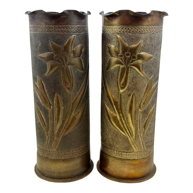 Artistic Pair of World War I Brass Trench Art Vases Decorated With a Lily Floral Motif - Dated November 1917, Madgeburg, Germany For Sale