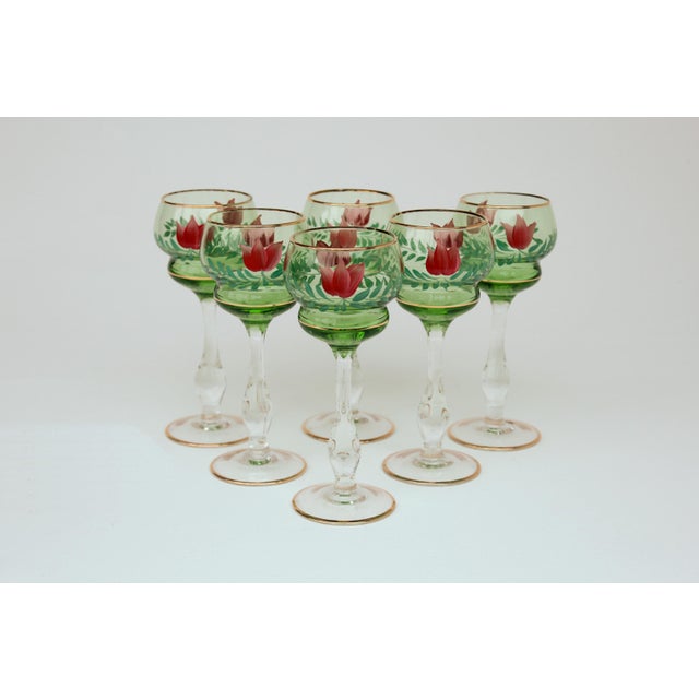 1960s Vintage Italian Wine Glasses with Floral Decoration, 1960s, Set of 6 For Sale - Image 5 of 7