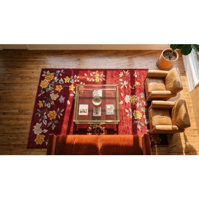 1930s Red Floral Modern Pair of Chinese Art Deco Carpets 3' X 4'10" Handknotted Wool Rugs For Sale In New York - Image 6 of 7