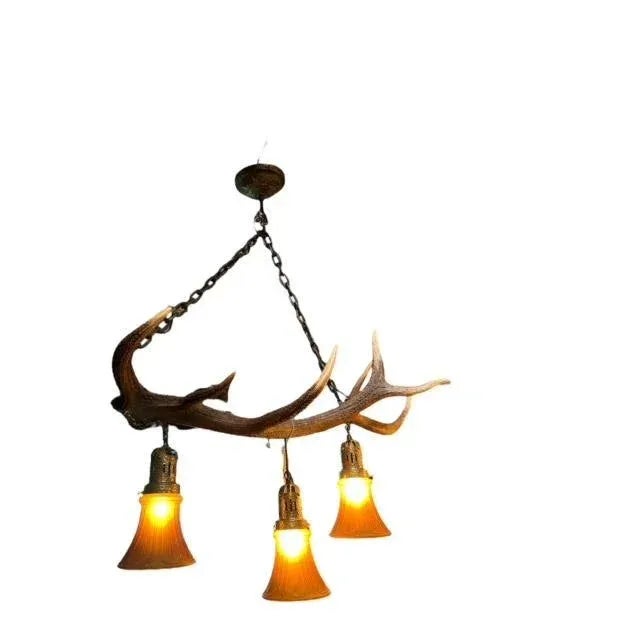 Cabin 1950s Antler Chandelier With Glass Shades For Sale - Image 3 of 4