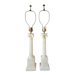 Mid 19th Century Hand Carved Italian Alabaster Neoclassical Column Table Lamps - a Pair For Sale