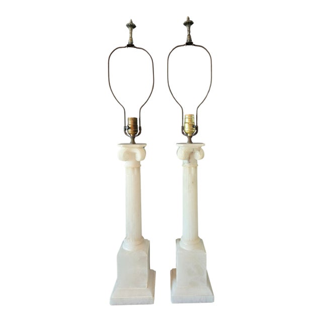 Mid 19th Century Hand Carved Italian Alabaster Neoclassical Column Table Lamps - a Pair For Sale