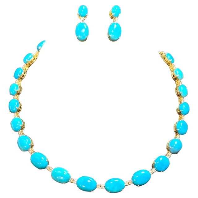 60ct Natural Sleeping Beauty Turquoise & Diamond Tennis Necklace & Earrings Set For Sale - Image 17 of 18