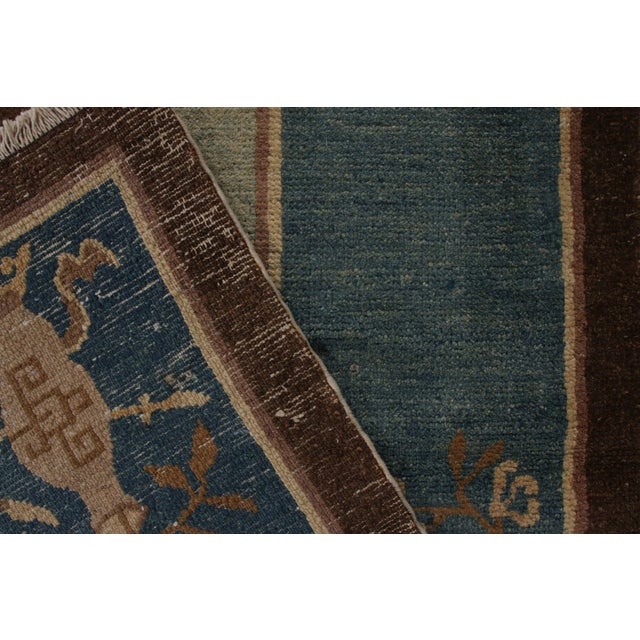 Textile Hand-Knotted Antique Peking Chinese Deco Rug in Blue, Brown Pictorial Pattern For Sale - Image 7 of 7