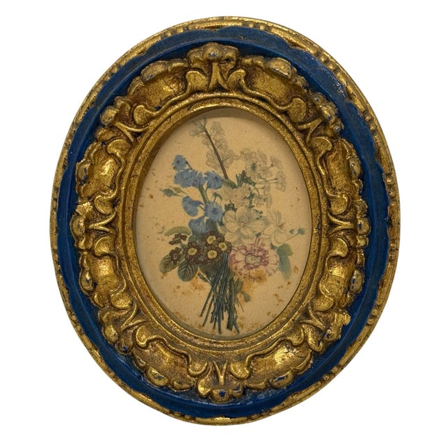 Mid‑20th Century European Ornate Rococo‑Style Ceramic Oval Frame — Painted Gold & Blue With Floral Botanical Silk‑Screen Print For Sale - Image 12 of 12