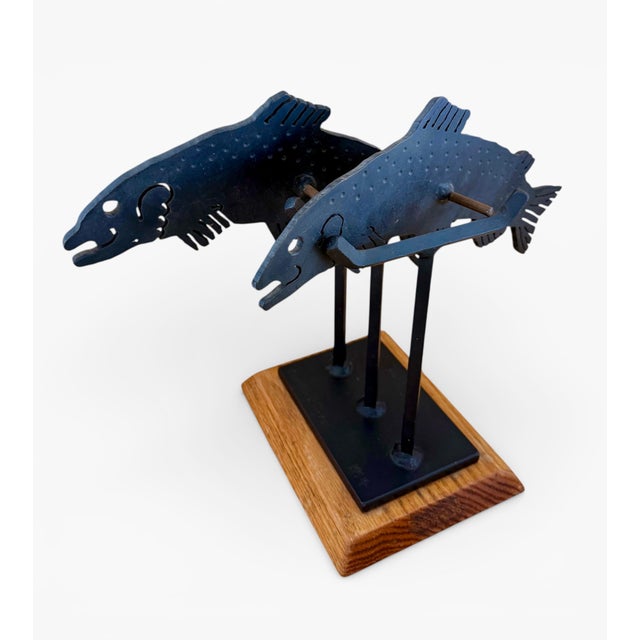 Modern Signed Charles Ringer Kinetic Dual Trout / Salmon Cut Steel Brutalist Fish Sculpture Wood Base 1994 For Sale - Image 3 of 12