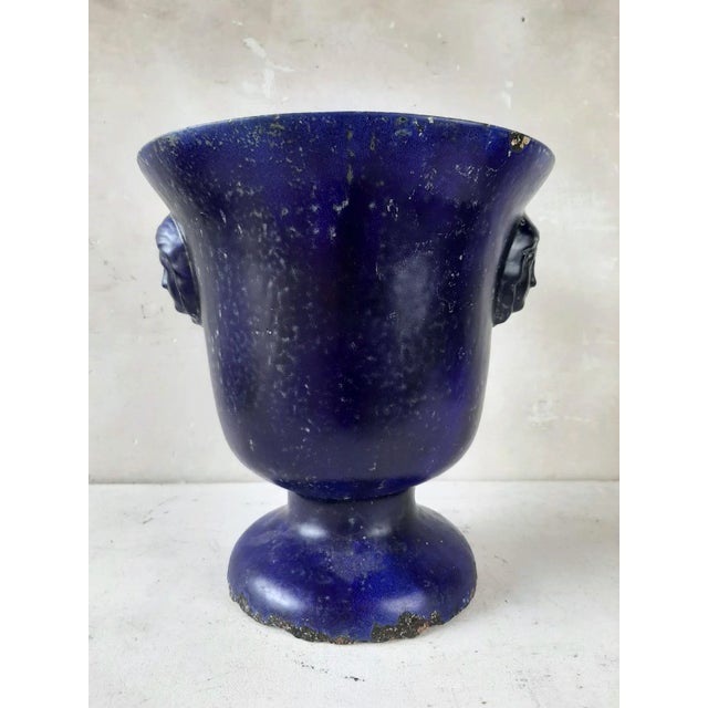 Metal Antique Blue Enamelled Cast Iron Vase For Sale - Image 7 of 9