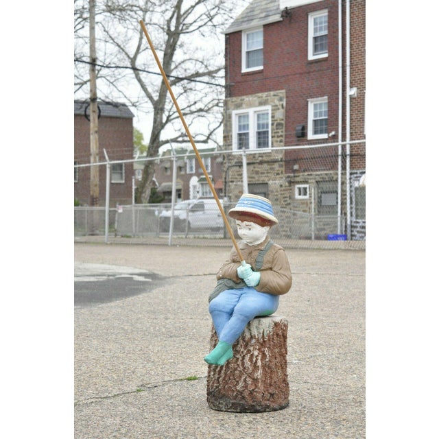 Vtg Concrete Boy Fishing Seated on Tree Stump Garden Statue Ornament