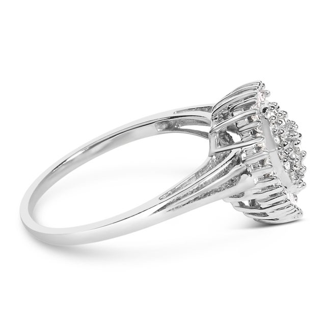 Contemporary 10K White Gold 1/2 Cttw Round & Baguette Cut Diamond Pear Shaped Domed Pav�� Cluster with Halo Cocktail Ring (H-I Color, SI1-SI2 Clarity) - Size 6 For Sale - Image 3 of 7