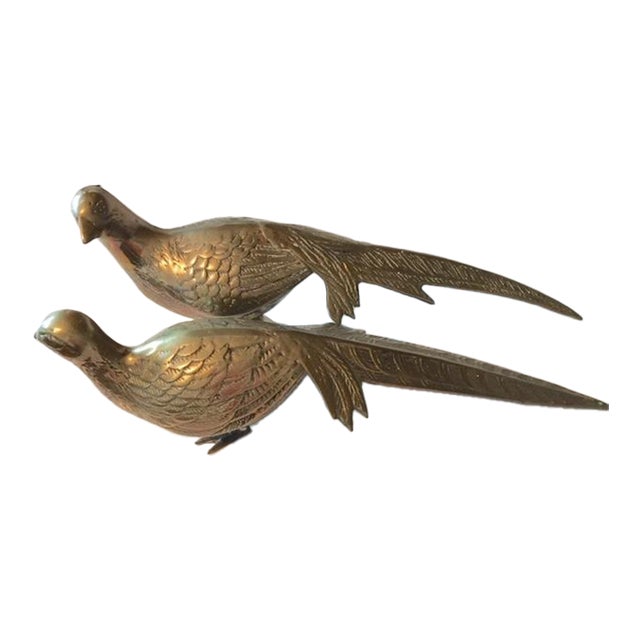 Pair Vintage Mid Century Brass Pheasant Bird Statues For Sale