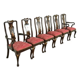 Henredon Chinoiserie Queen Anne Hand Painted Oak and Burl Wood Dining Chairs, Set of Six For Sale