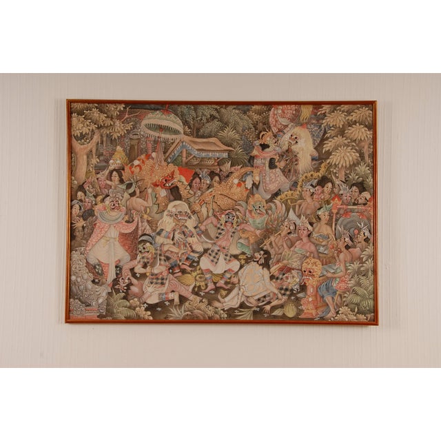Mid Century Asian Oil Painting Javanese Indonesian Carnival on Bali (Ubud) Hand Painted on Linen Framed Tariff Free Delivery For Sale - Image 13 of 13